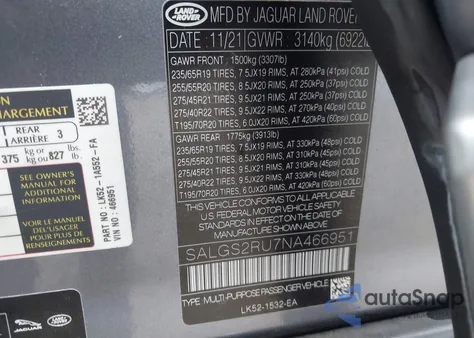 2022 Land Rover Range Rover Westminster z USA, uszkodzony, nr VIN SALGS2RU7NA466951